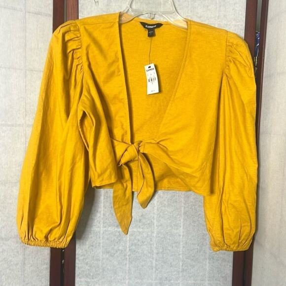 EXPRESS LINEN BLEND PLUNGING TIE FRONT SUMMER‎ BLOUSE SIZE S - Picture 1 of 5